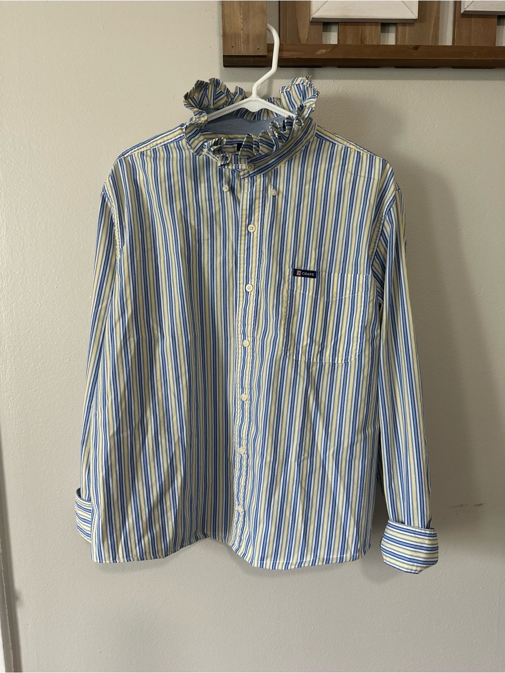 Chaps Blue, Yellow and White Striped Women's Button-Down with Ruffle Collar - Picture 3 of 3